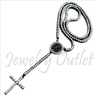 Hip Hop Fashion 1 Row Rosario Crystal Rosary Beautiful Shiny Stones and Black Plating With White Stones 30 inches Rosary Chain with 6 inches dangling part with Cross