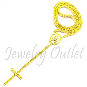 Hip Hop Fashion 1 Row Crystal Rosary Beautiful Shiny Stones and Gold Plating With Yellow Stones 30 inches Rosary Chain with 6 inches dangling part with Cross.