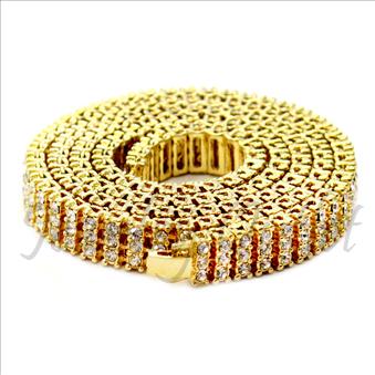 Hip Hop Fashion 3 Row Necklace in Gold Plating With White Stones
