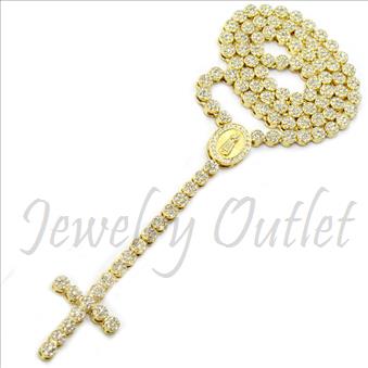 Hip Hop Fashion Flowers Crystal Rosary Beautiful Shiny Stones and Gold Plating With White Stones 30 inches Rosary Chain with 6 inches dangling part with Cross