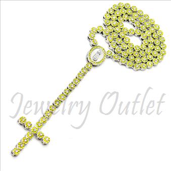 Hip Hop Fashion Flowers Crystal Rosary Beautiful Shiny Stones and Silver Plating With Yellow Stones 30 inches Rosary Chain with 6 inches dangling part with Cross