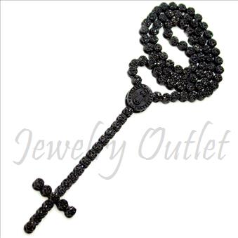 Hip Hop Fashion Flower Rosario Crystal Rosary Beautiful Shiny Stones and Black Plating With Black Stones 30 inches Rosary Chain with 6 inches dangling part with Cross