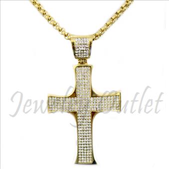 Stainless Steel Mens Large CZ Cross With Necklace