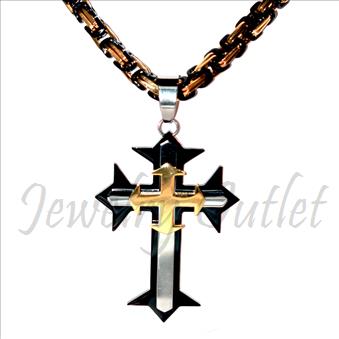 Stainless Steel Chain and Charm Combo Set Includes 30 Inch Length Byzantine Chain With an Approximately 3.5 Inch Cross Tall Pendant