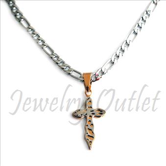 Stainless Steel Chain and Charm Combo Set Includes 24 Inch Length Figaro Chain With an Approximately 1.2 Inch Cross Pendant