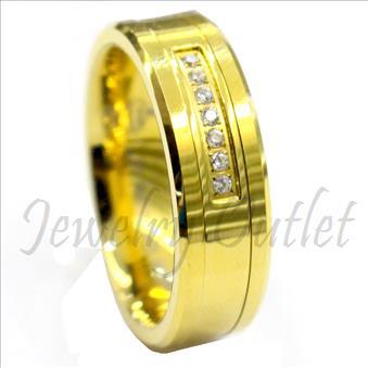 Tungsten Carbide Mens Ring with Stone & Gold Plating Beveled Edges & Comfort Fit Ring