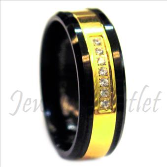 Tungsten Carbide Mens Ring with Stone & Center Gold Plating Beveled Edges & Comfort Fit Ring