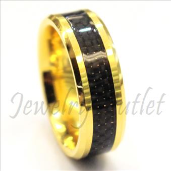 Tungsten Carbide Mens Ring with Black & Grey Carbon Fiber Beveled Edges & Comfort Fit Ring