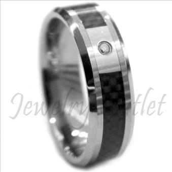 Tungsten Carbide Mens Ring with Black Carbon Fiber Beveled Edges & Comfort Fit Ring