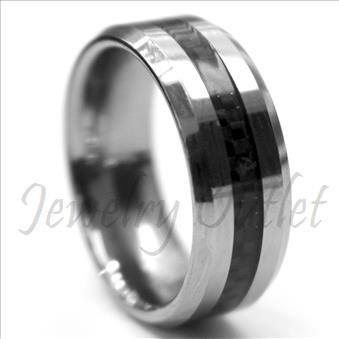 Tungsten Carbide Mens Ring with Grey Carbon Fiber Beveled Edges & Comfort Fit Ring