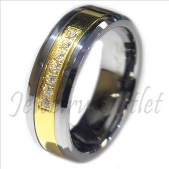 Tungsten Carbide Mens Ring with Stone & Center Gold Plating Beveled Edges & Comfort Fit Ring