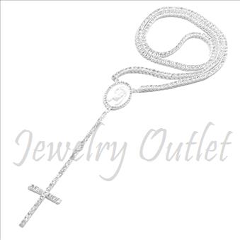 Hip Hop Fashion 1 Row Crystal Rosary Beautiful Shiny Stones and White Plating With White Stones30 inches Rosary Chain with 6 inches dangling part with Cross